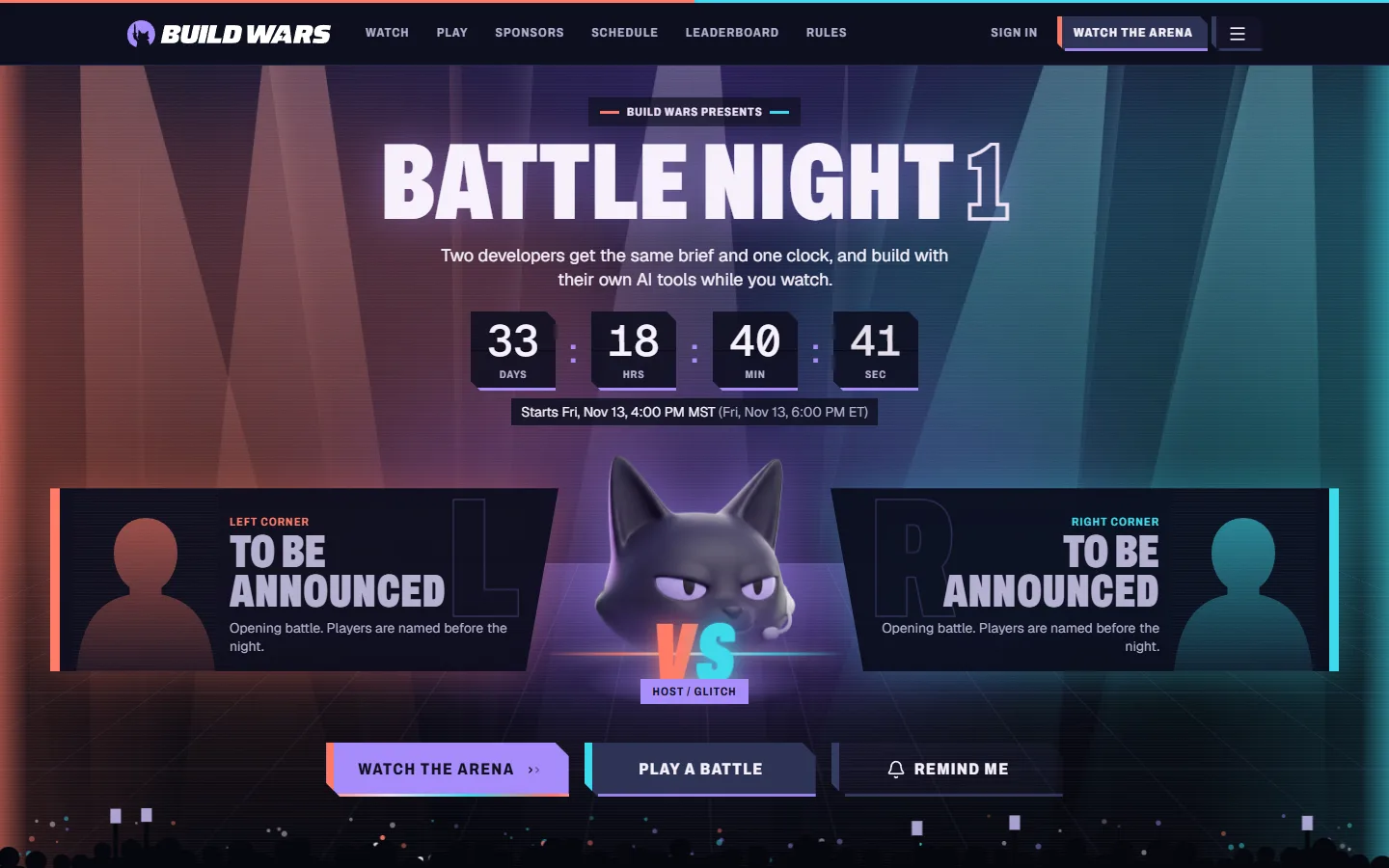 The buildwars.ai homepage: Battle Night 1, a countdown and Glitch the cat between the two corners